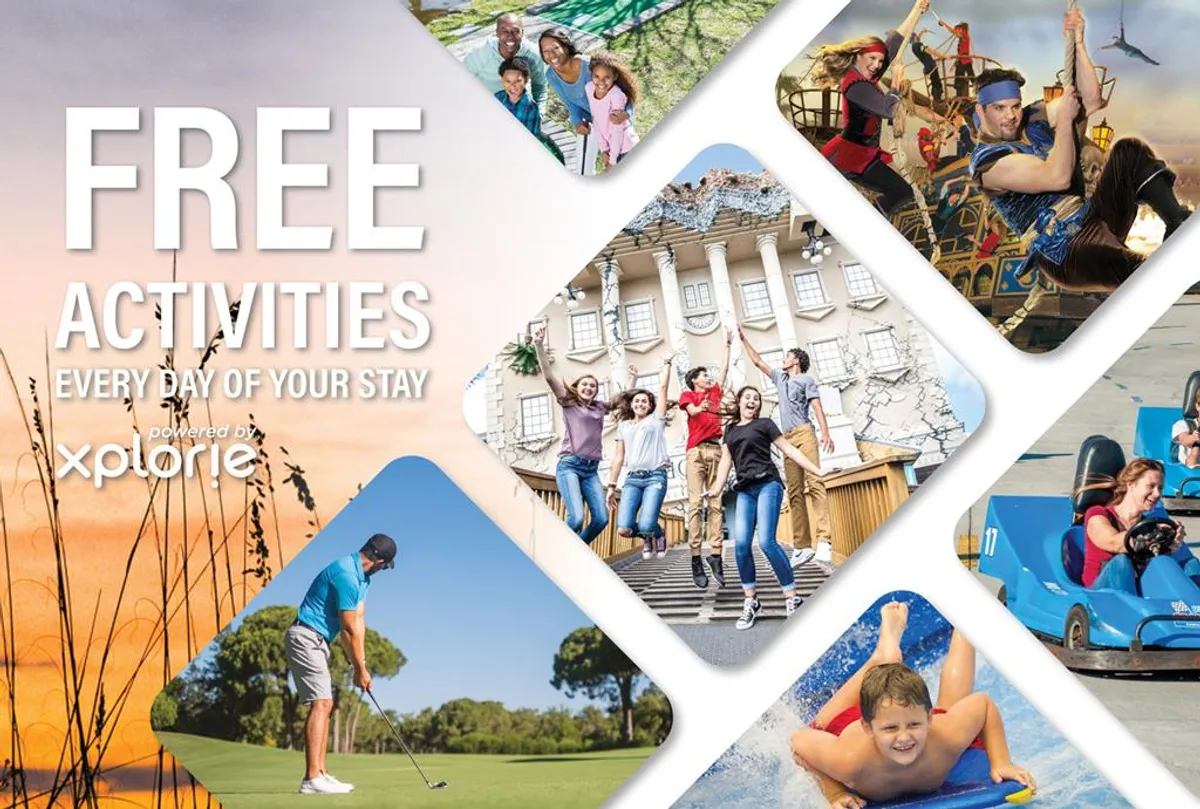 A lively collage of families enjoying a variety of activities—from golfing and water sports to theme park rides and other attractions. The image conveys joy, activity, and the spirit of shared family experiences.